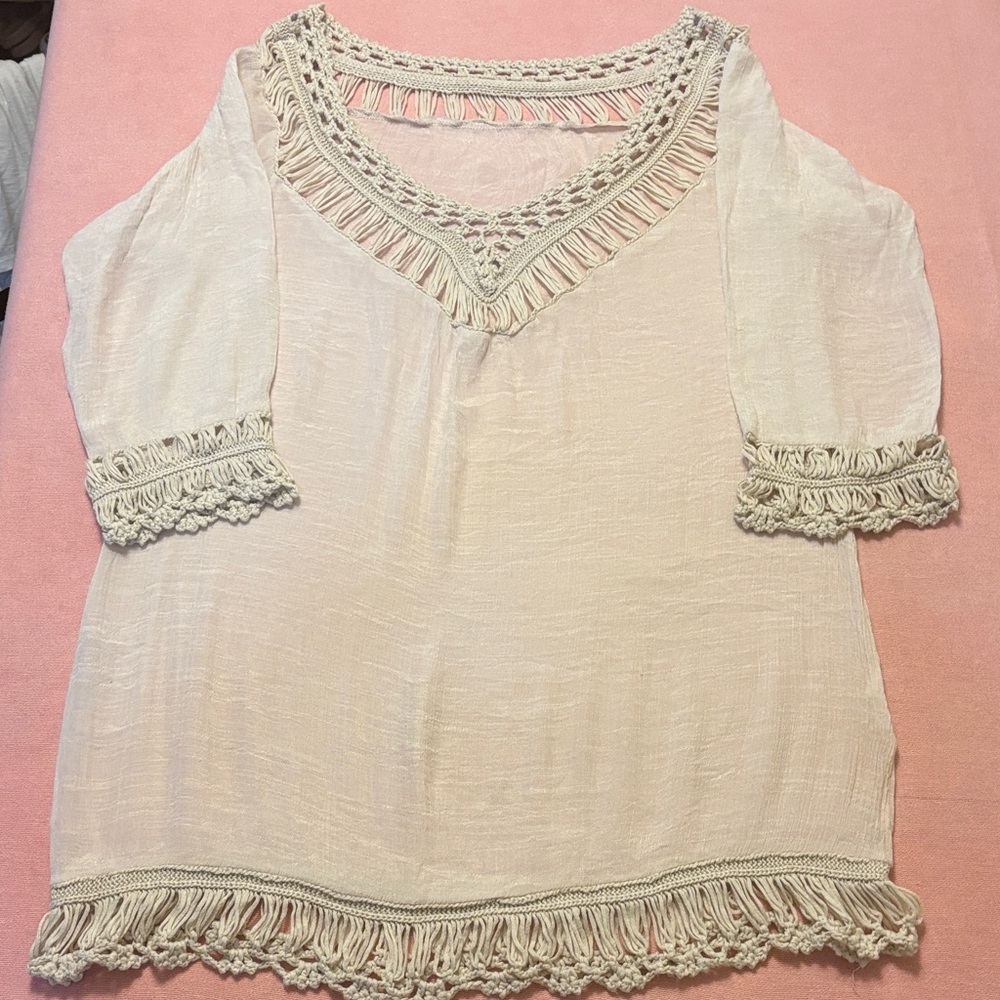 Elegant Cream Crochet Trim Women's Top